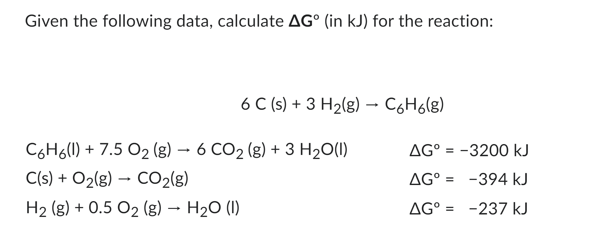 Solved Given the following data, calculate ΔG∘ (in kJ ) for | Chegg.com