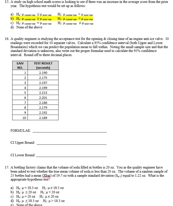 Solved 15. A study on high school math scores is looking to