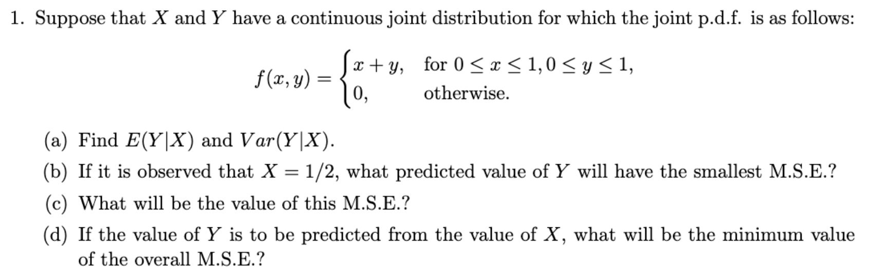 Solved 1. Suppose that X and Y have a continuous joint | Chegg.com