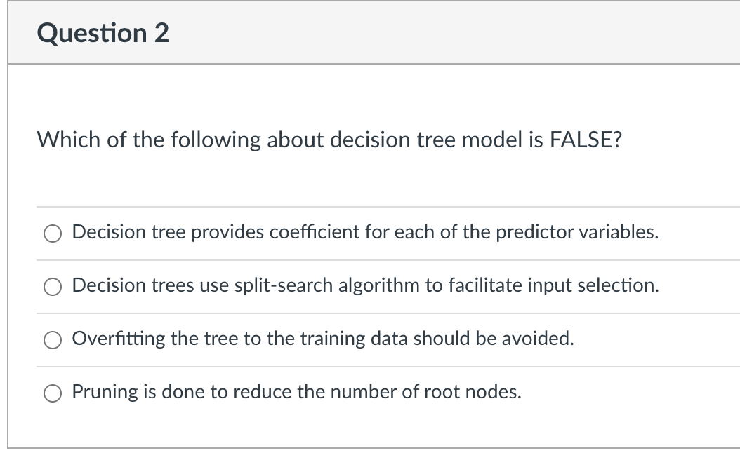 Solved Question 2 Which of the following about decision tree | Chegg.com