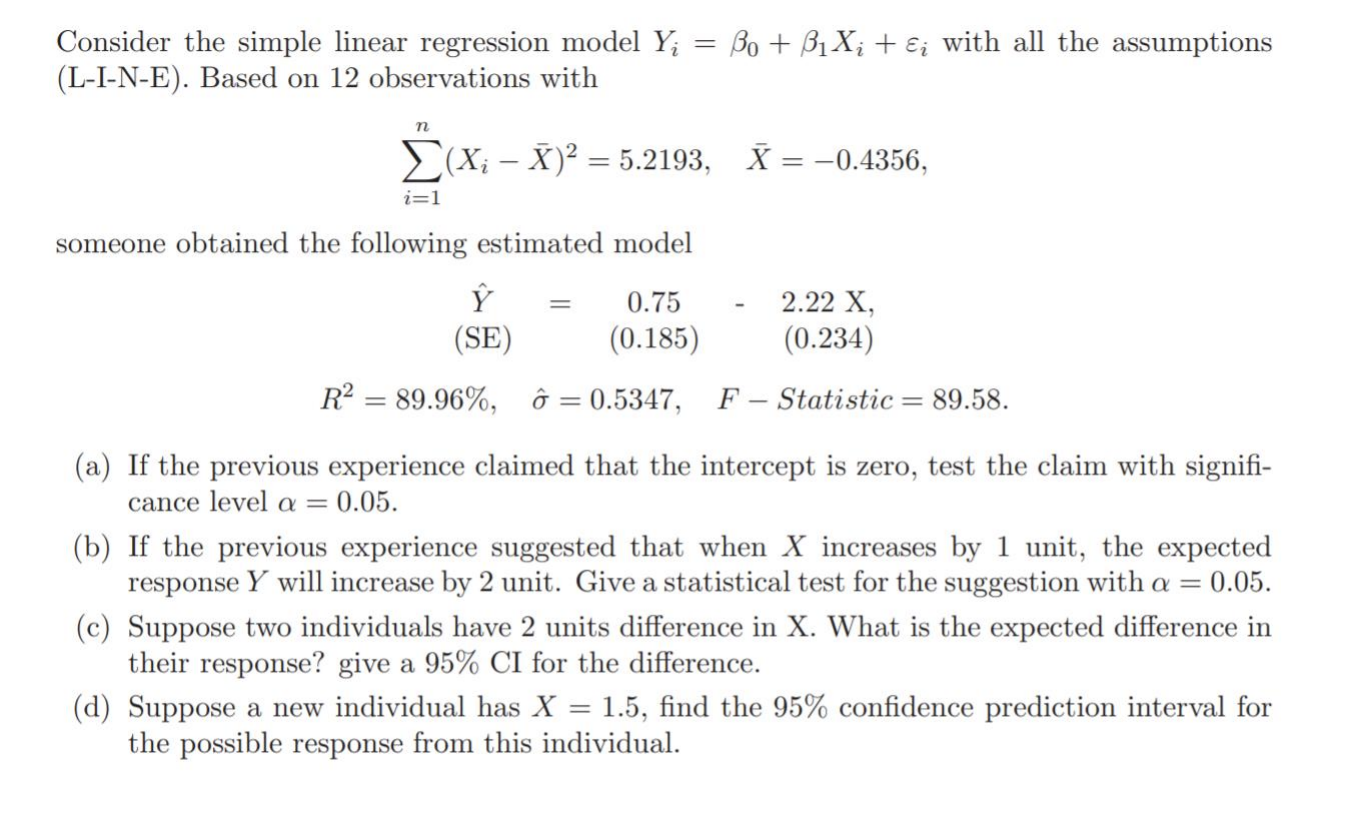 Solved == Consider The Simple Linear Regression Model Yį = | Chegg.com