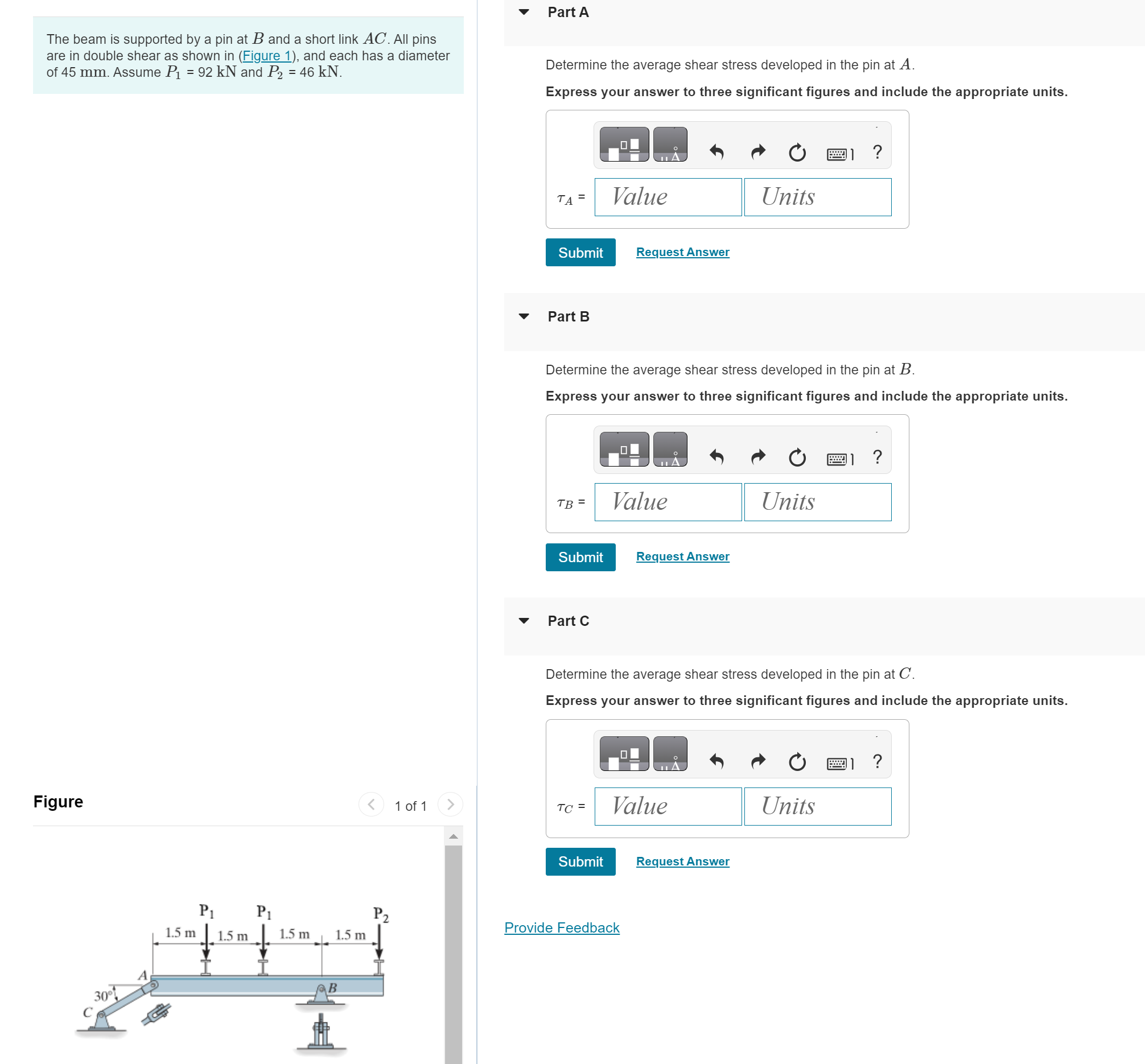 Solved The beam is supported by a pin at B and a short link | Chegg.com