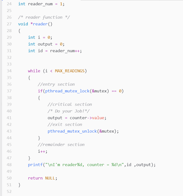 Solved int reader_num =1; /* reader function */ void *reader | Chegg.com
