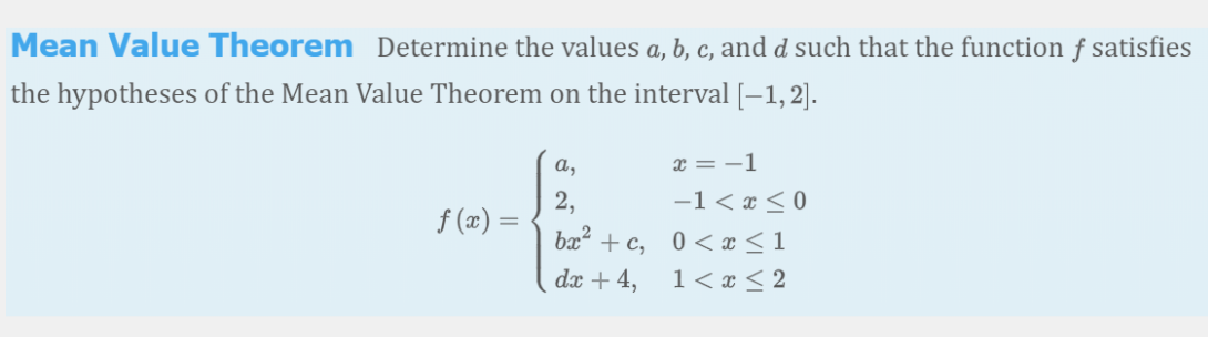 Solved Mean Value Theorem Determine The Values A,b,c, And D | Chegg.com