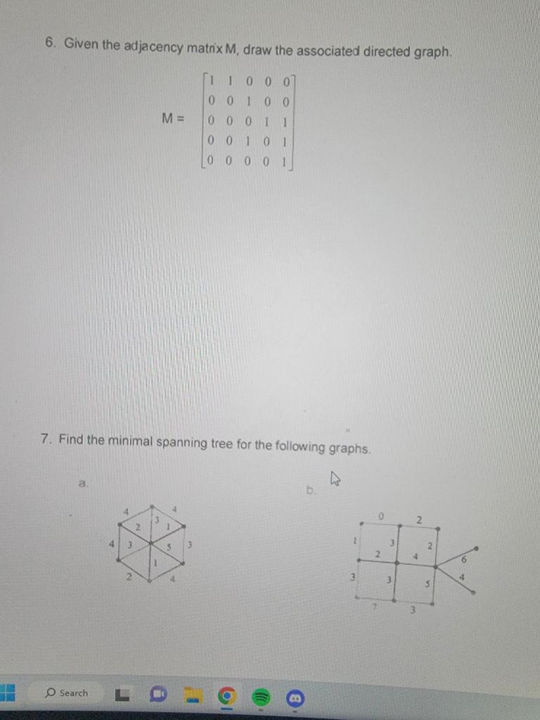 Solved 6. Given the adjacency matnx M, draw the associated | Chegg.com