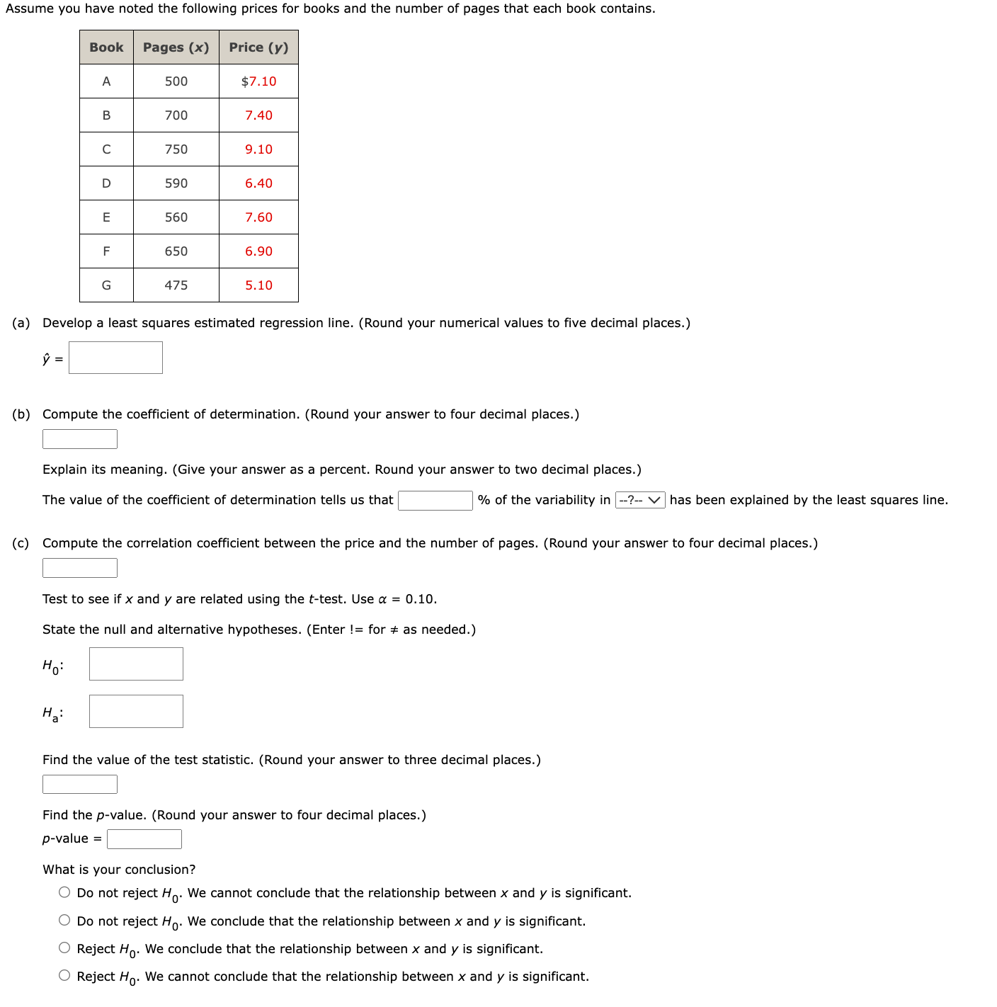 Solved Test to see if x and y are related using the t-test. | Chegg.com