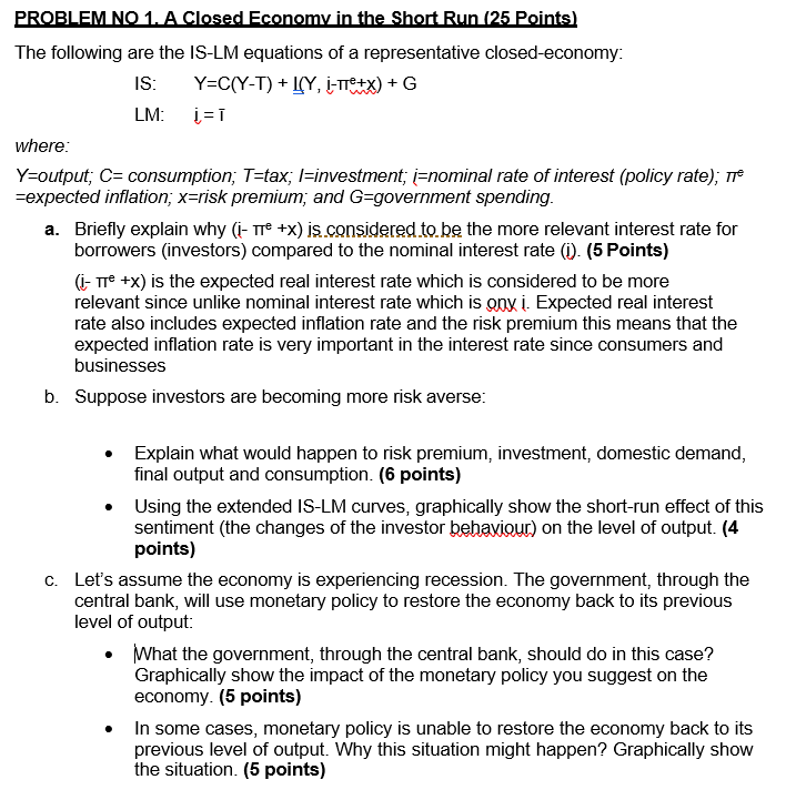 PROBLEM NO 1. A Closed Economy in the Short Run (25 | Chegg.com