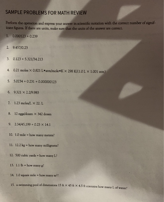 Solved SAMPLE PROBLEMS FOR MATH REVIEW Perform the operation | Chegg.com