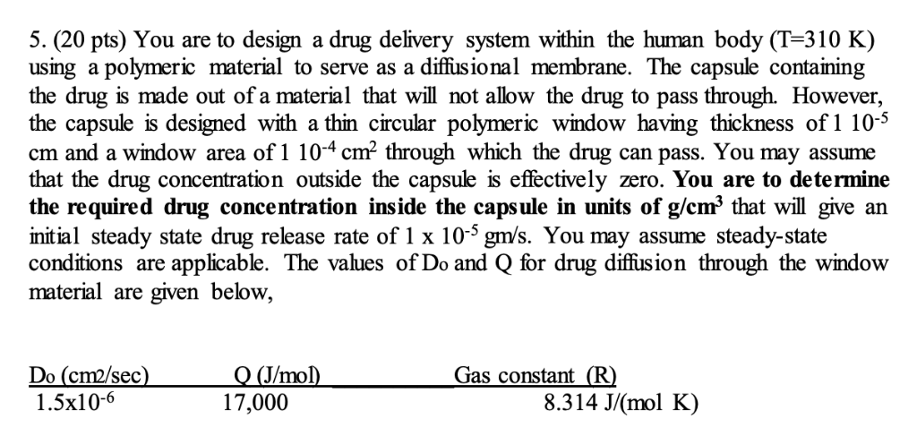 5. (20 pts) You are to design a drug delivery system | Chegg.com