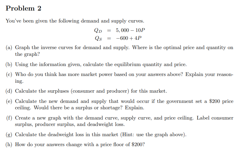 Solved Problem 2 You've Been Given The Following Demand And | Chegg.com