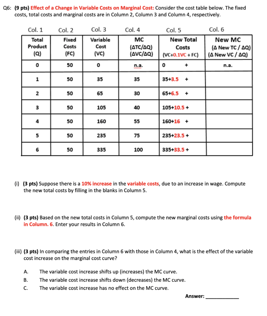 Solved Q6: (9 pts) Effect of a Change in Variable Costs on | Chegg.com