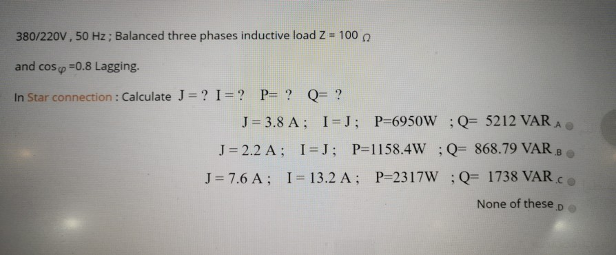 380 2v 50 Hz Balanced Three Phases Inductive Load Chegg Com