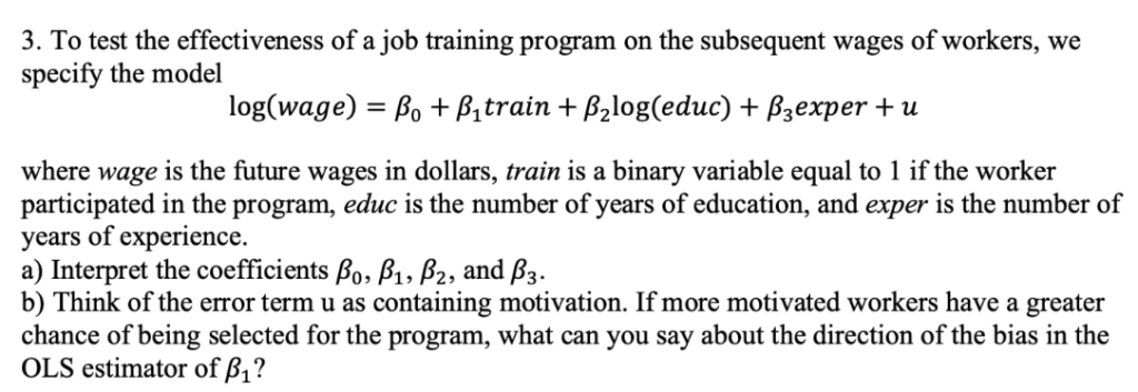 Solved 3. To test the effectiveness of a job training | Chegg.com