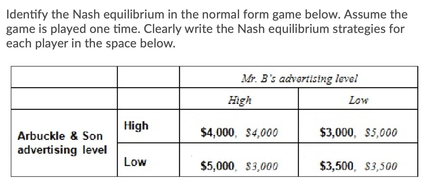 Solved Identify the Nash equilibrium in the normal form game | Chegg.com