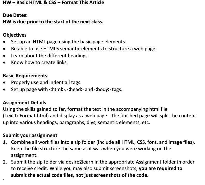 Solved HW - Basic HTML & CSS - Format This Article – – Due | Chegg.com