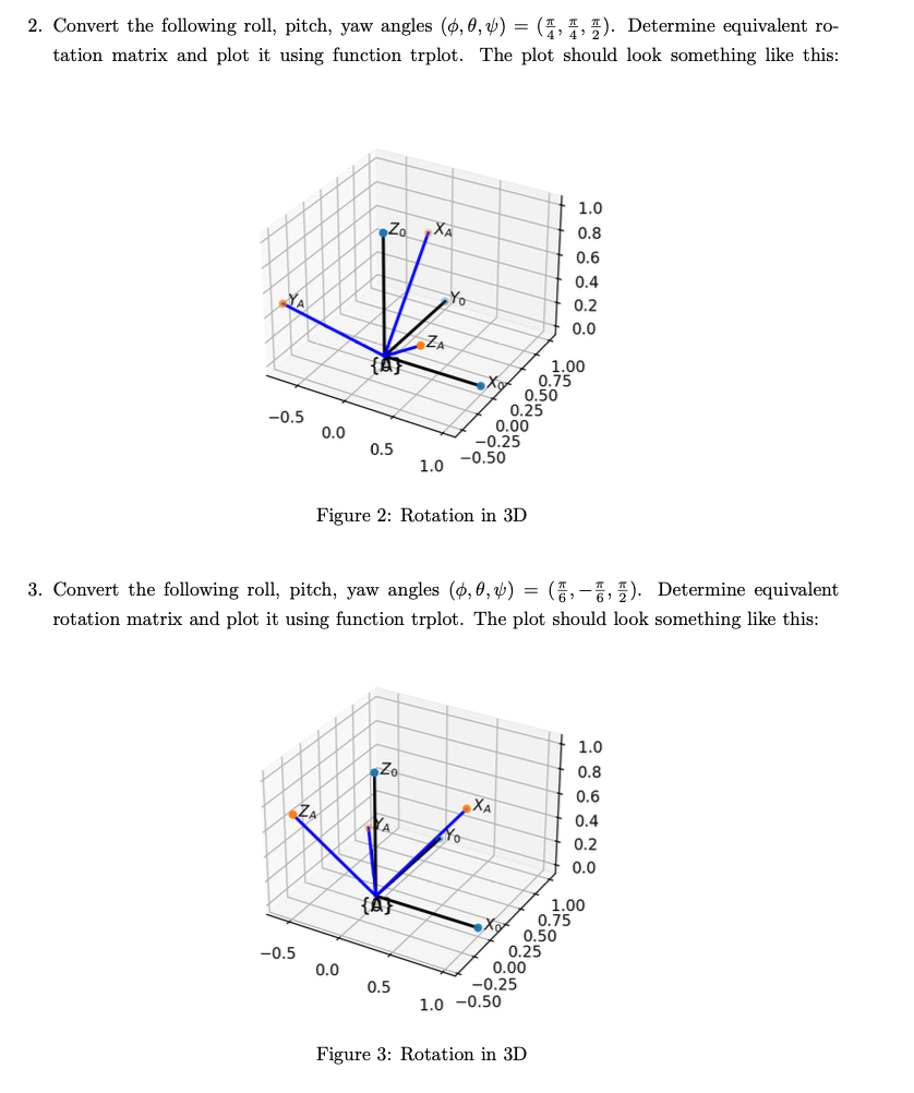 2. Convert the following roll, pitch, yaw angles