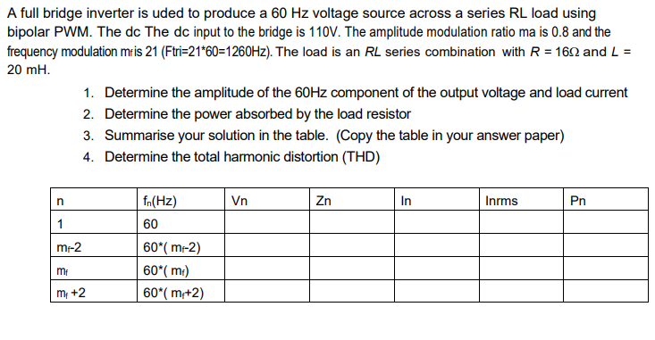 Solved A full bridge inverter is uded to produce a 60 Hz | Chegg.com
