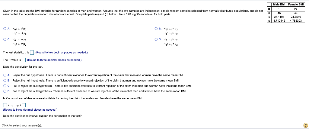 Solved Male BMI Female BMI Given in the table are the BMI | Chegg.com