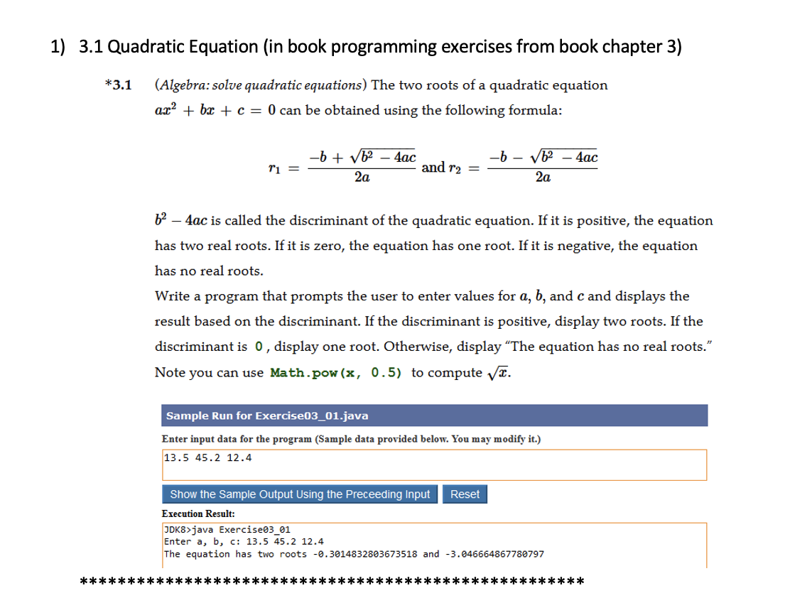 Solved 1) 3.1 Quadratic Equation (in Book Programming | Chegg.com