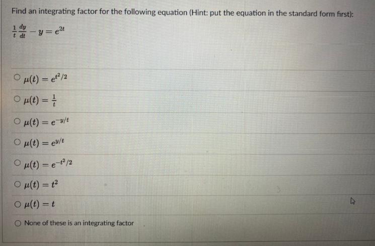 Solved Find an integrating factor for the following equation | Chegg.com