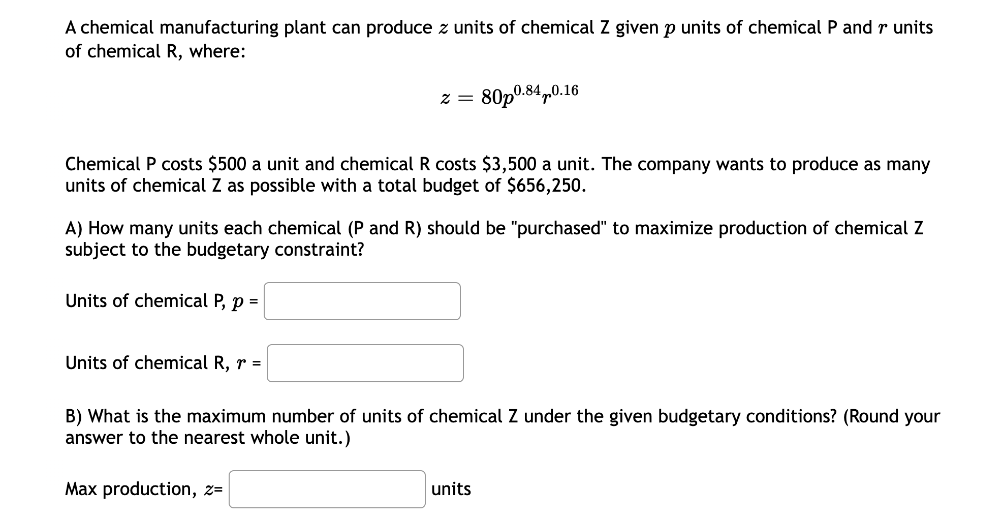 A chemical manufacturing plant can produce \( z \) units of chemical Z given \( p \) units of chemical \( \mathrm{P} \) and \