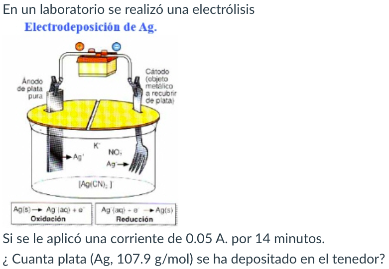 En un laboratorio se realizó una electrólisis Electrodeposición de \( \mathbf{A g} \). Si se le aplicó una corriente de \( 0.