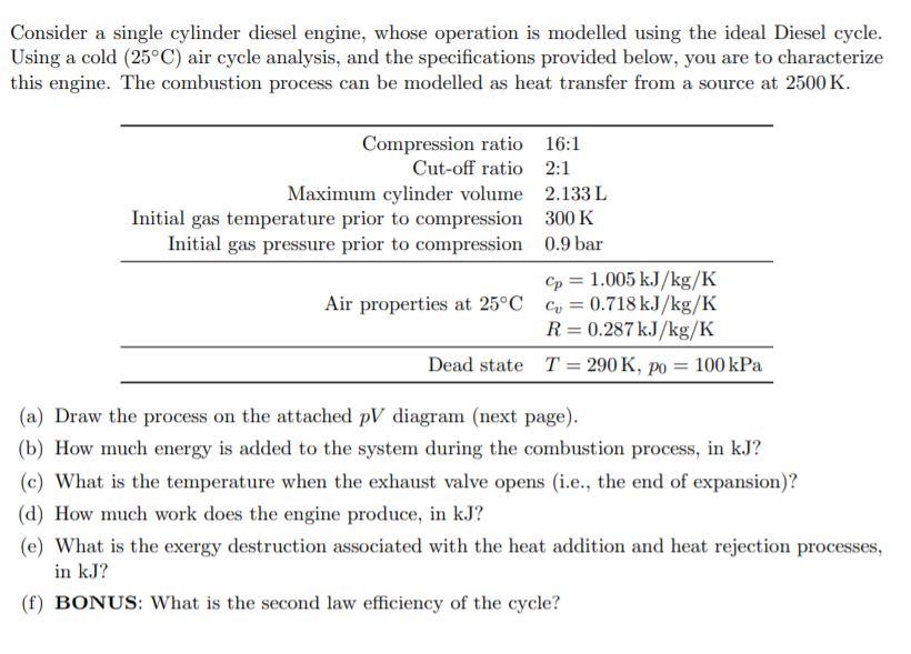 Solved Consider a single cylinder diesel engine, whose