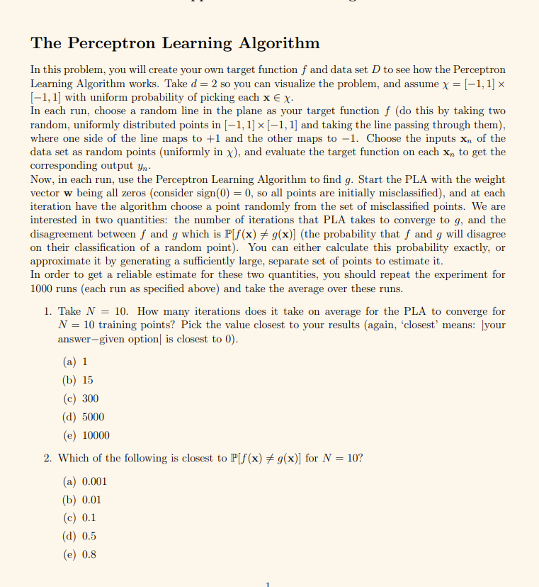 The Perceptron Learning Algorithm In this problem, | Chegg.com