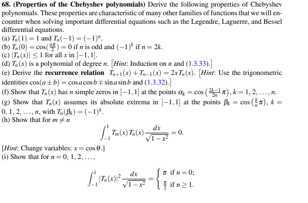 Solved 68. (Properties Of The Chebyshev Polynomials) Derive | Chegg.com