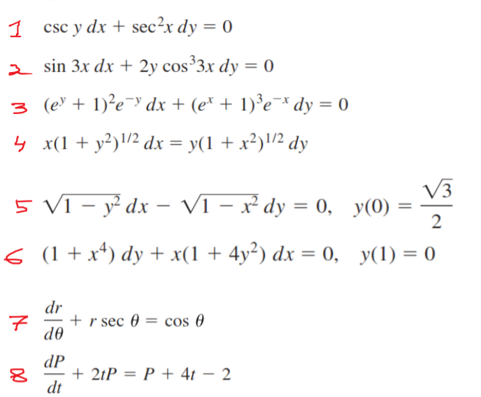 Solved 1 csc y dx + secx dy = 0 2 sin 3x dx + 2y cos33x dy = | Chegg.com