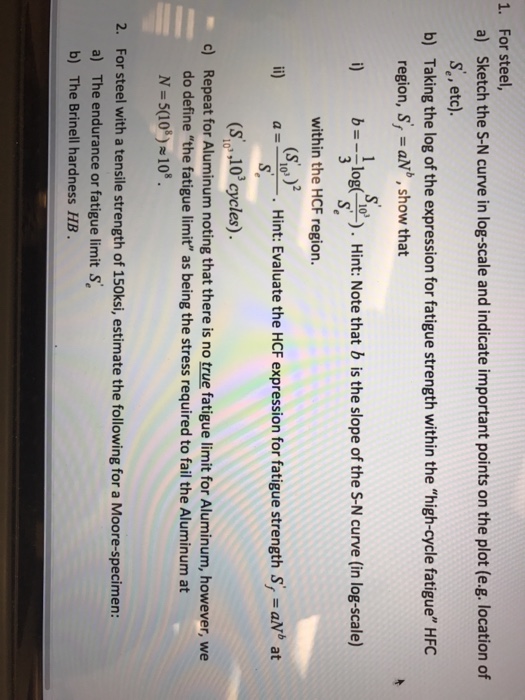 Solved 1. For steel, Sketch the S-N curve in log-scale and | Chegg.com