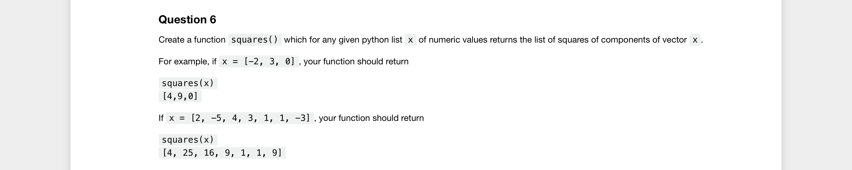Solved Question 6 Create a function squares () which for any | Chegg.com