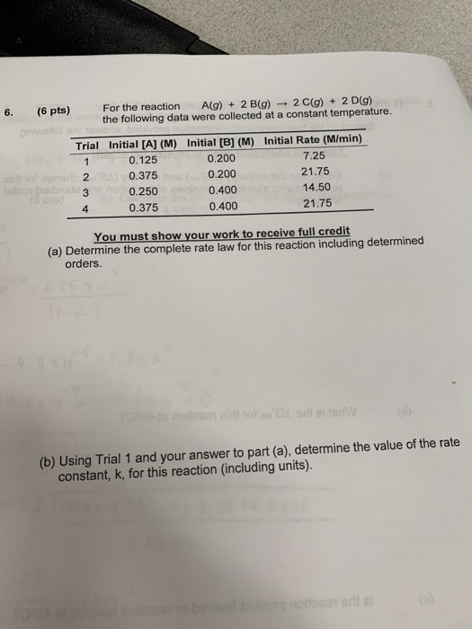 Solved 6. (6 pts) For the reaction A(g)2 B(g)2 C(g) 2 D(g) | Chegg.com