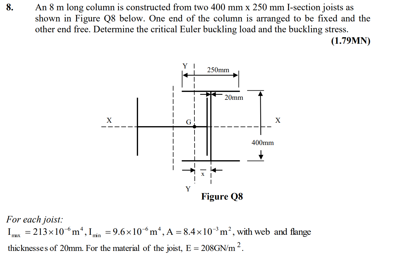 8. An \( 8 \mathrm{~m} \) long column is constructed from two \( 400 \mathrm{~mm} \mathrm{x} 250 \mathrm{~mm} \) I-section jo