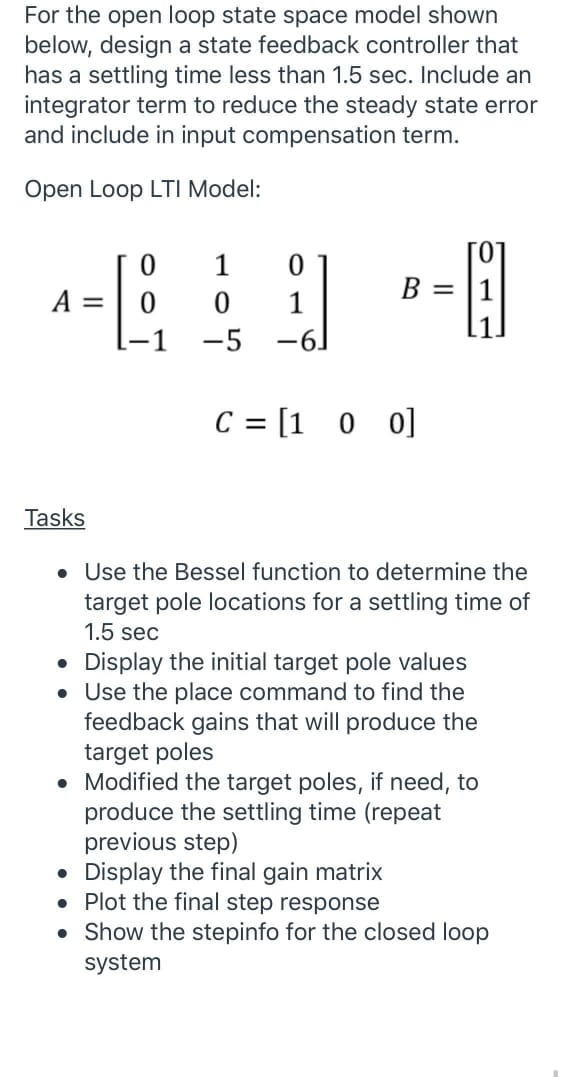 For the open loop state space model shown below, | Chegg.com