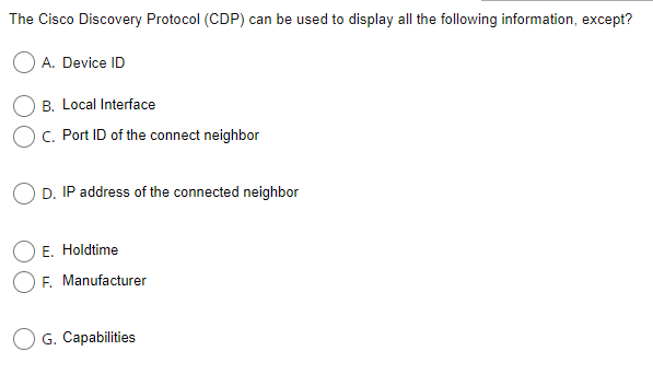 Solved The Cisco Discovery Protocol (CDP) can be used to | Chegg.com