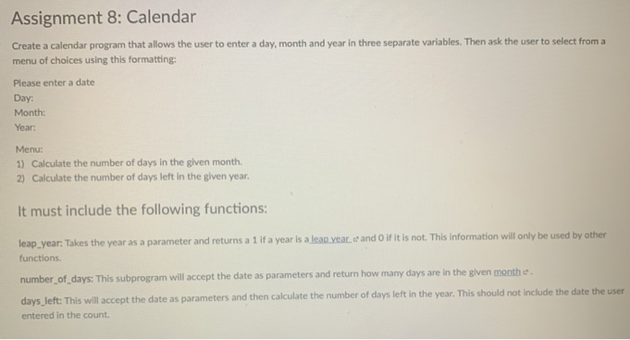 Solved Assignment 8 Calendar Create Calendar Program Allows User