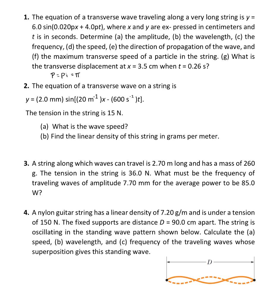 Solved 1. The equation of a transverse wave traveling along | Chegg.com