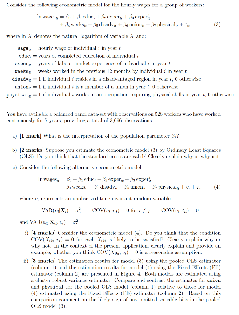 Consider the following econometric model for the | Chegg.com