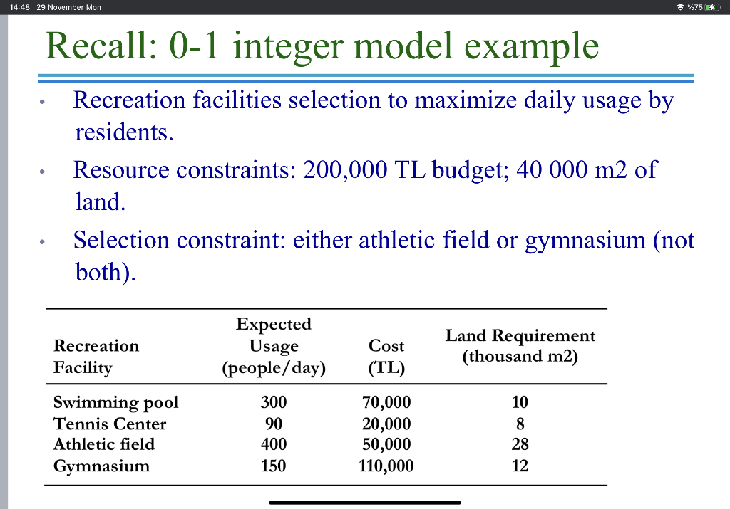 Solved 14:48 29 November Mon %75 % Recall: 0-1 integer model | Chegg.com