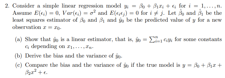 Solved 2. Consider a simple linear regression model yi = Bo | Chegg.com