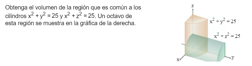 Obtenga el volumen de la región que es común a los cilindros \( x^{2}+y^{2}=25 y x^{2}+z^{2}=25 \). Un octavo de esta región