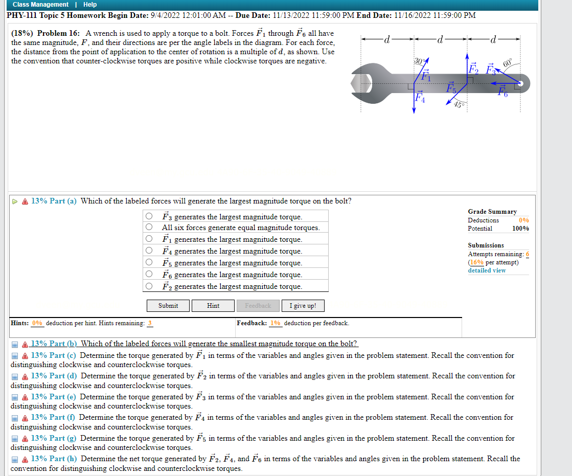 Solved (18\%) Problem 16: A wrench is used to apply a torque | Chegg.com