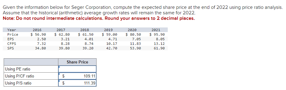 Solved Given The Information Below For Seger Corporation, | Chegg.com