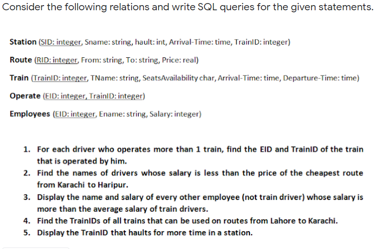 Solved Consider the following relations and write SQL | Chegg.com