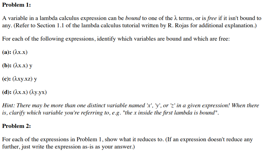 Solved Problem 1: A variable in a lambda calculus expression | Chegg.com