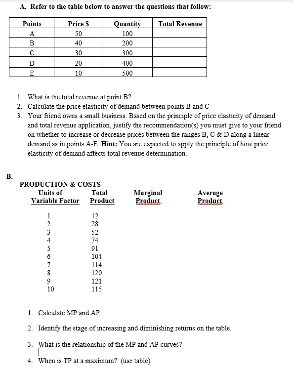 Solved A. Refer to the table below to answer the questions | Chegg.com