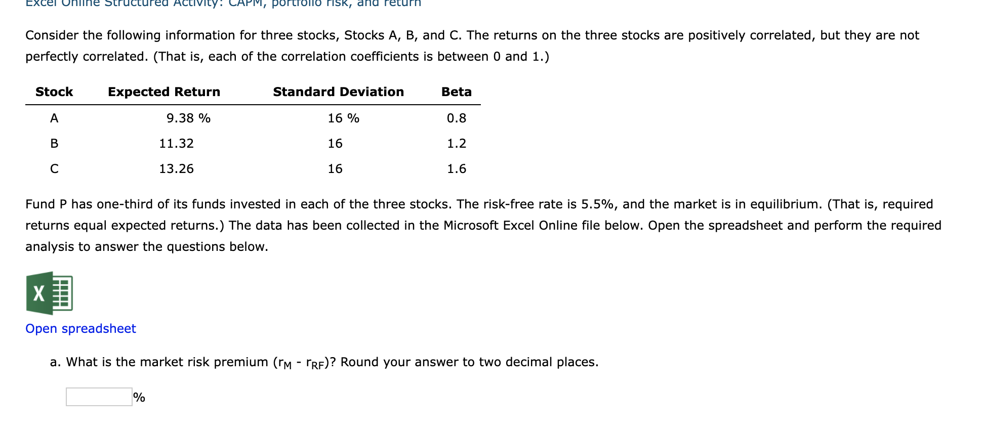 Solved EXcel Unline Structured Activity APM portfolio Chegg