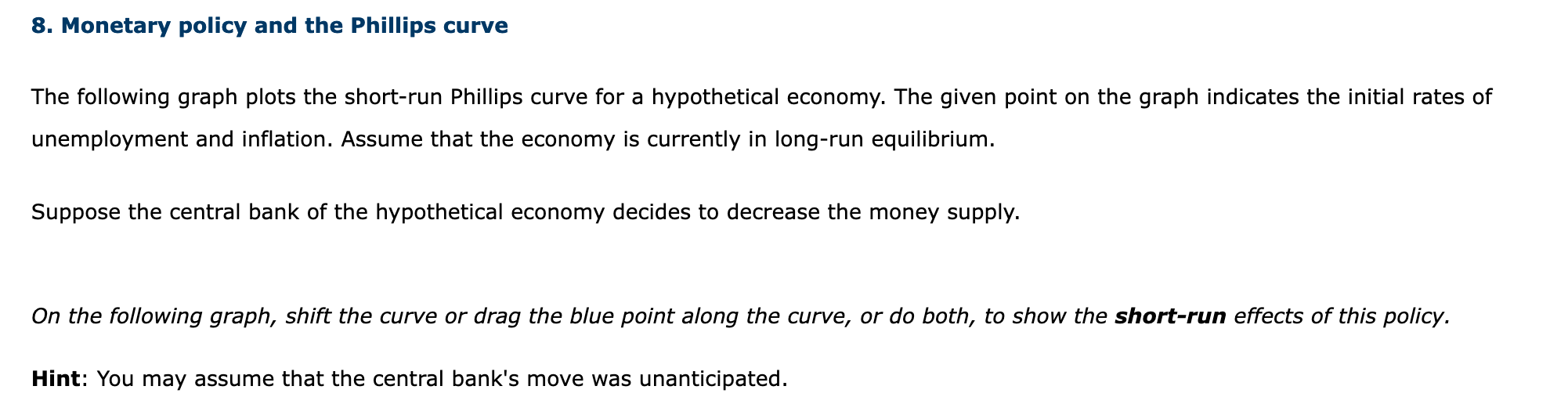 8. Monetary policy and the Phillips curve
The following graph plots the short-run Phillips curve for a hypothetical economy.