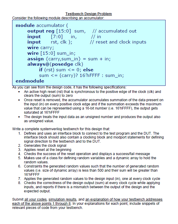 Testbench Design Problem Consider the following | Chegg.com